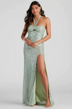 Halter Sequined Slit Maxi dress Avalabel