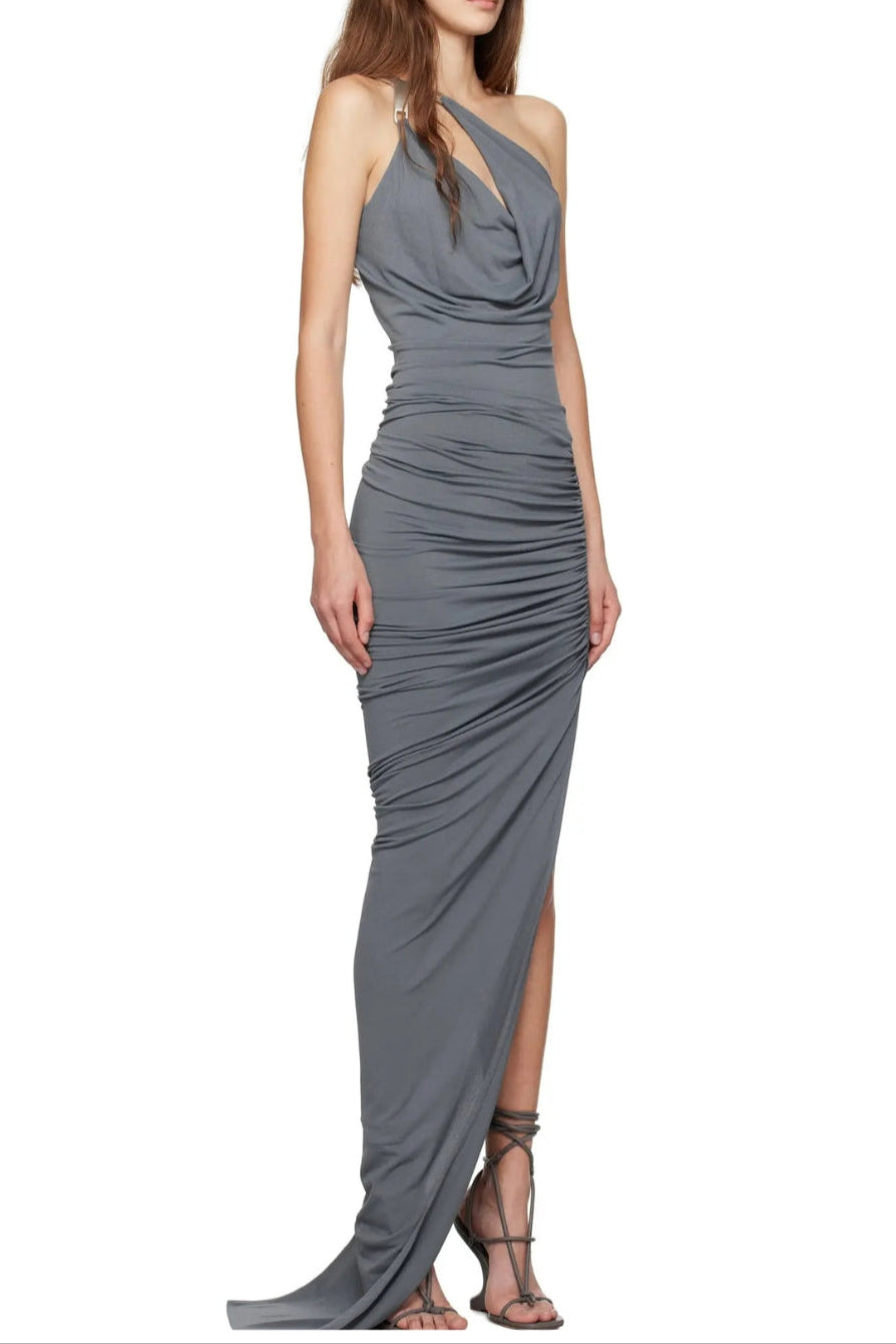 One-Shoulder Sleeveless Ruched Bodycon Maxi Dress in Grey Avalabel