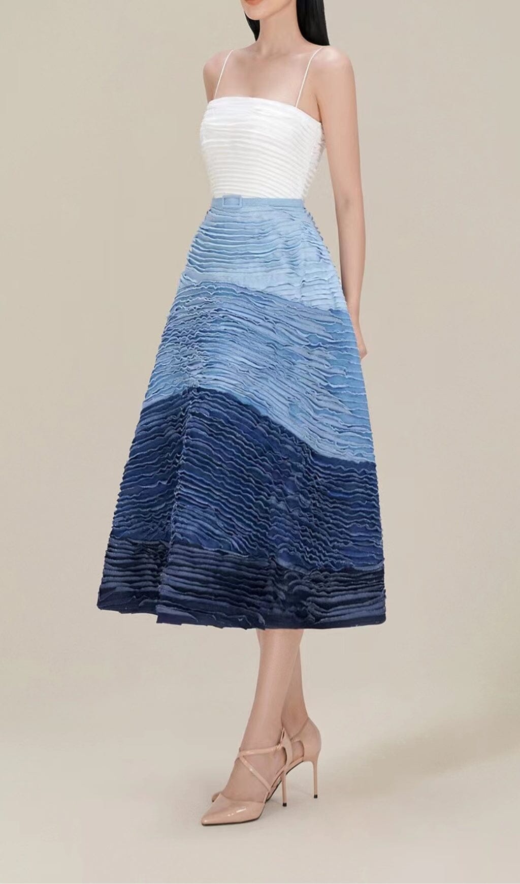 BLUE RIPPLE HALTER MIDI DRESS Avalabel