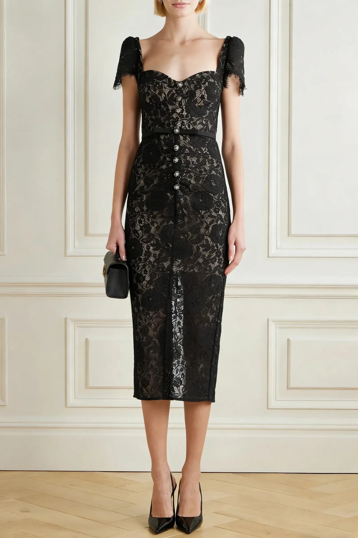 helen black Belted embellished cotton-blend lace midi dress Avalabel