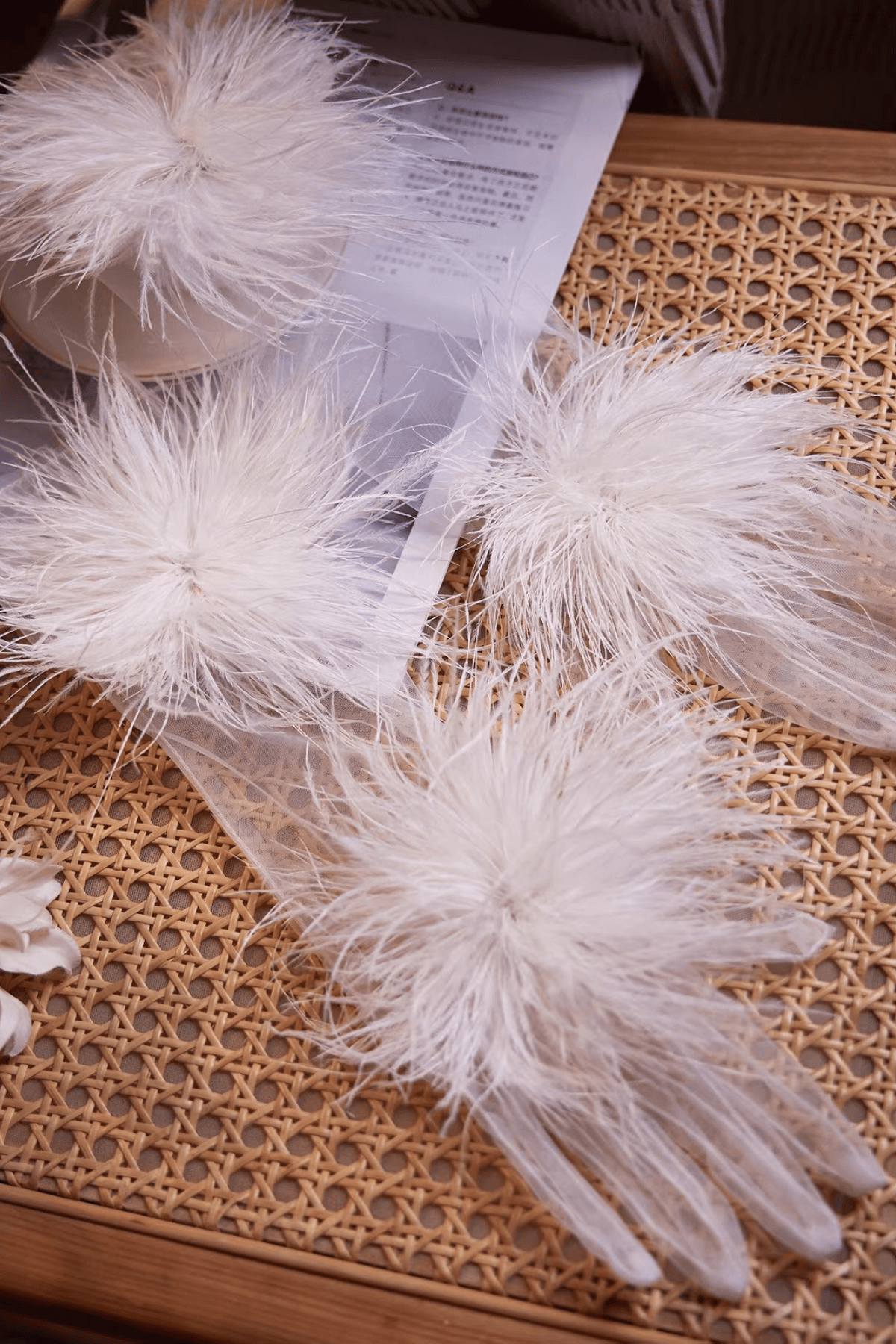Fluffy Feather Decor Sheer Tulle Long Gloves Avalabel