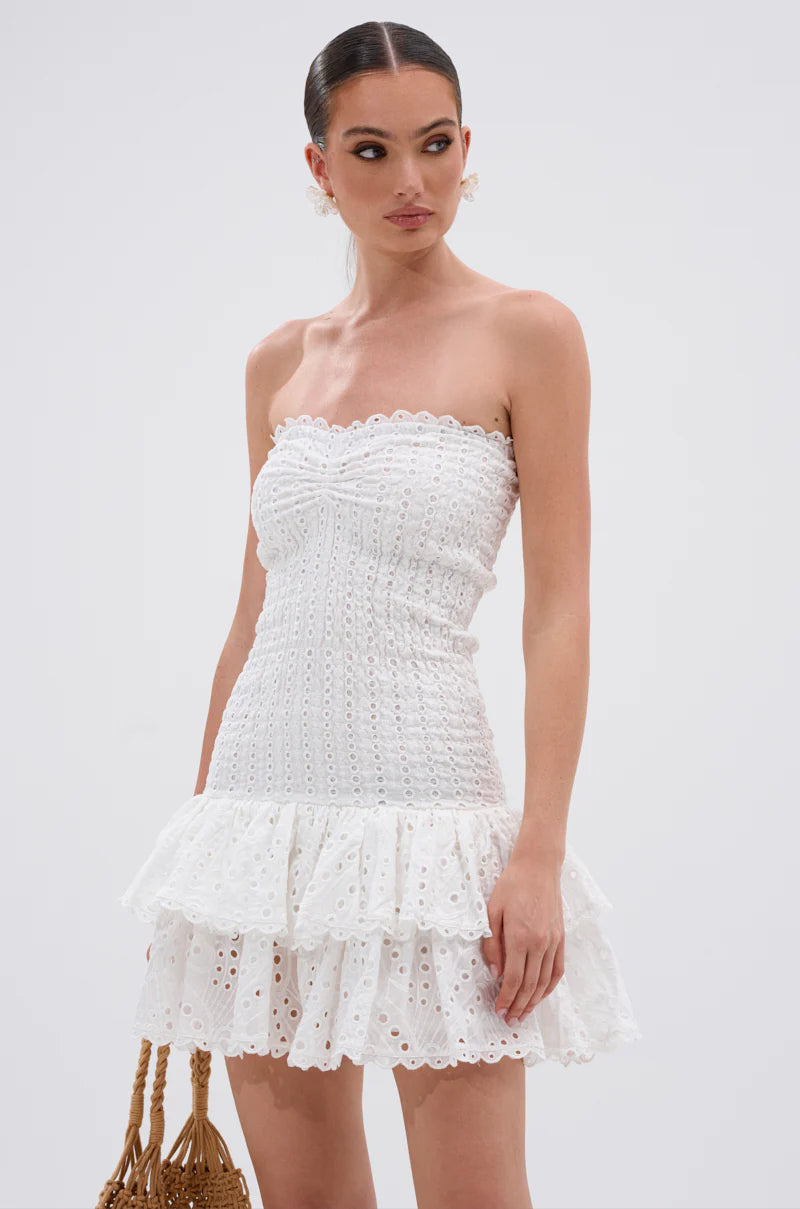 eyelet layered strapless mini dress in white Avalabel