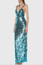 Carlin Sequin Deep V Strapless Maxi Dress in Blue Avalabel