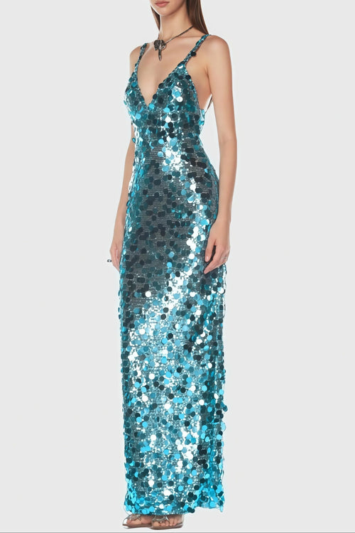 Carlin Sequin Deep V Strapless Maxi Dress in Blue Avalabel