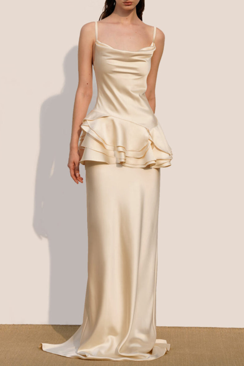 Beverly Splicing Ruffle Silk Maxi Dress in Apricot Avalabel