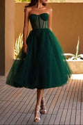 Emerald Green Strapless Puffy Midi Tulle Dress Avalabel