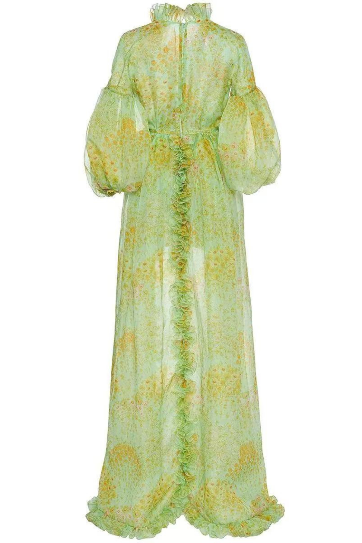 Elara Pastel Green Watercolor Floral Ruffle Dress with Puff Sleeves Avalabel