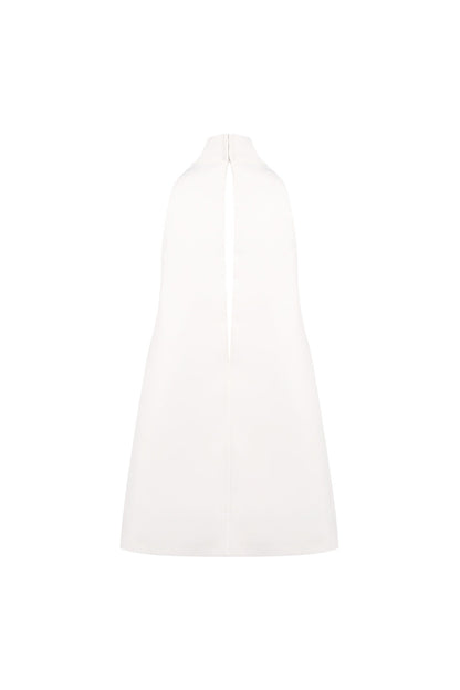 V-Neck Cutout Backless Crepe Halter Dress - White