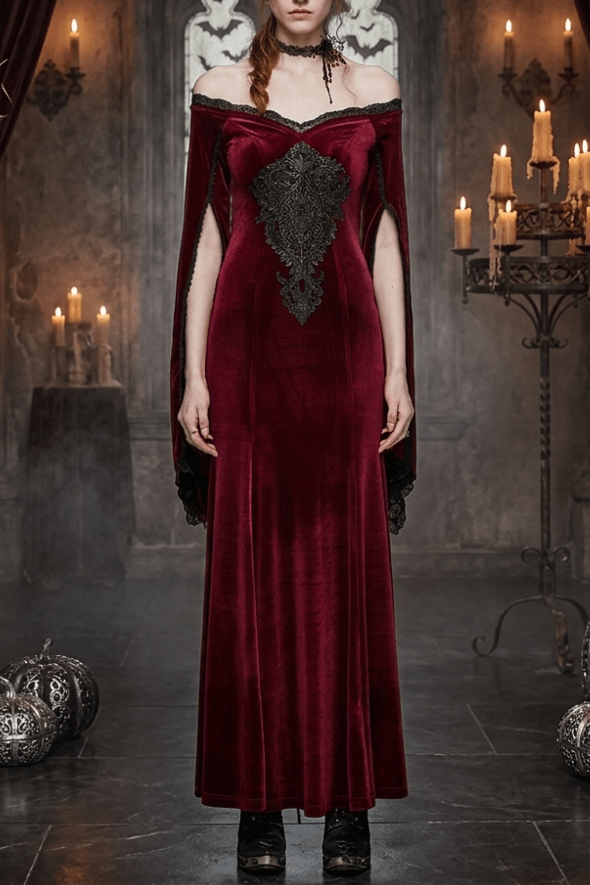 Rina Gothic Off Shoulder Velvet Cape Sleeve Dress Avalabel