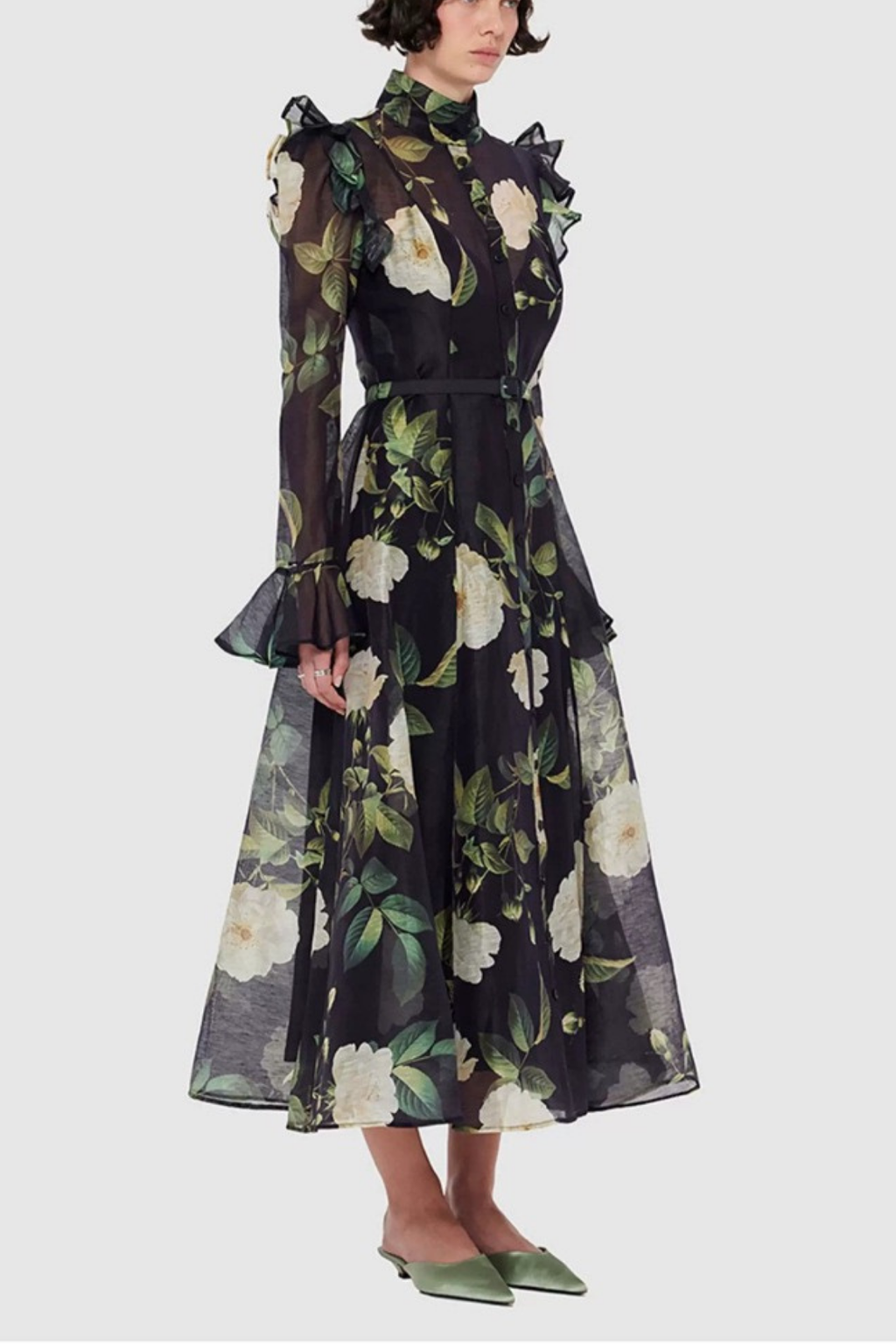 Daisy Print Butterfly Sleeve Midi Dress in Black Avalabel