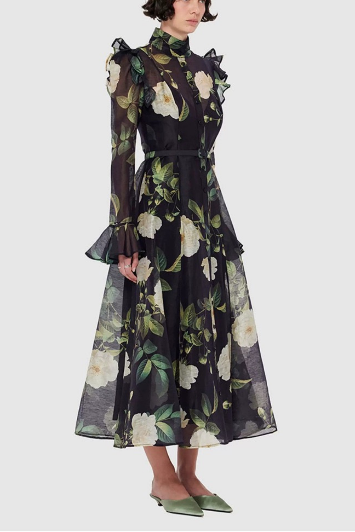 Daisy Print Butterfly Sleeve Midi Dress in Black Avalabel