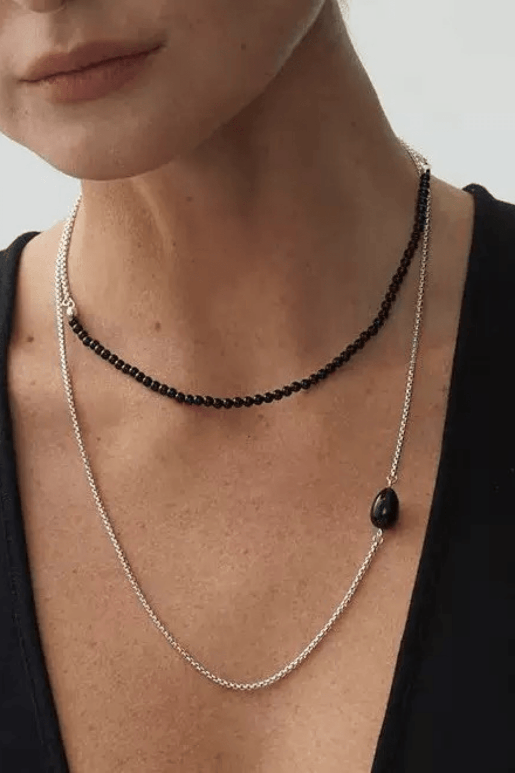 Black Bead Choker Silver Layered Stone Necklace Avalabel