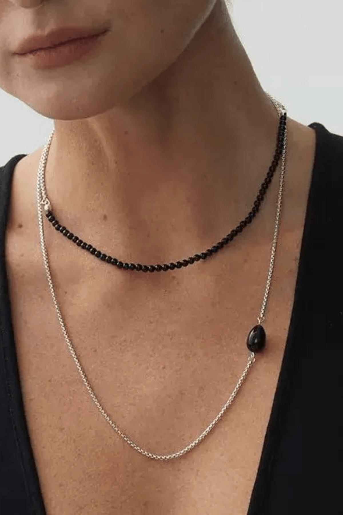Black Bead Choker Silver Layered Stone Necklace Avalabel