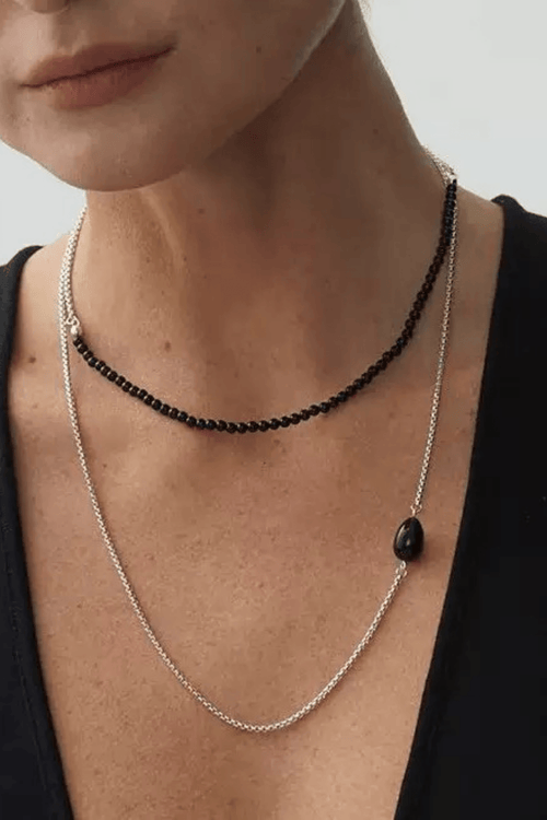 Black Bead Choker Silver Layered Stone Necklace Avalabel