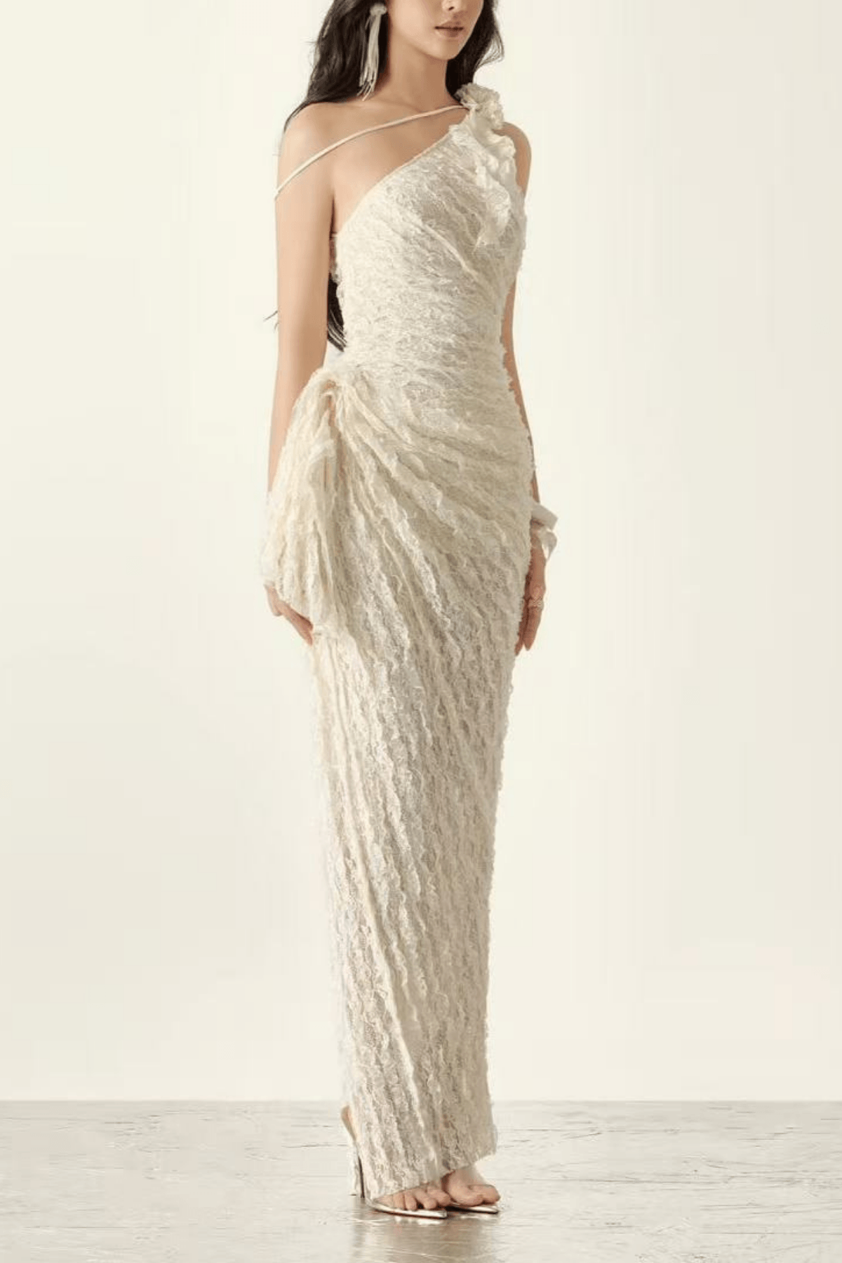Blair One Shoulder 3D Floral Ruched Textured Lace Slit Maxi Dress - Avalabel