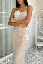 Joe Strapless Rhinestone Grid Flower Midi Dress Avalabel