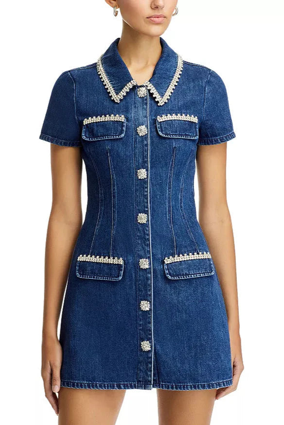 Denim Rhinestone Trim Dress in blue Avalabel