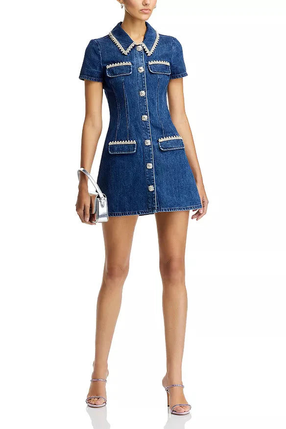 Denim Rhinestone Trim Dress in blue Avalabel