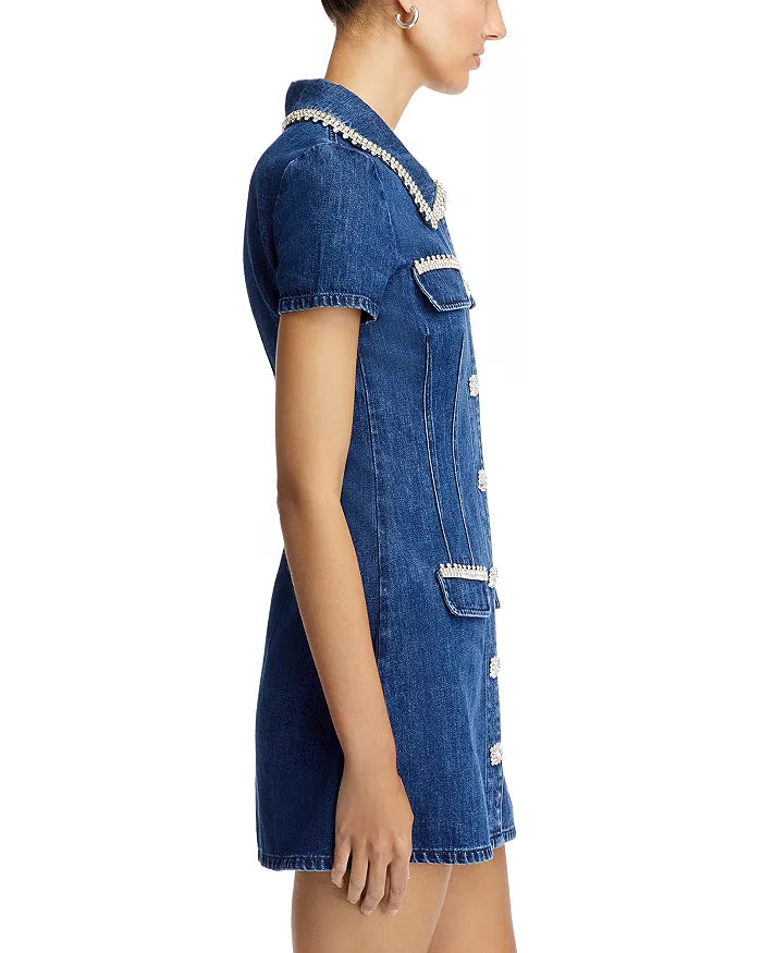 Denim Rhinestone Trim Dress in blue Avalabel