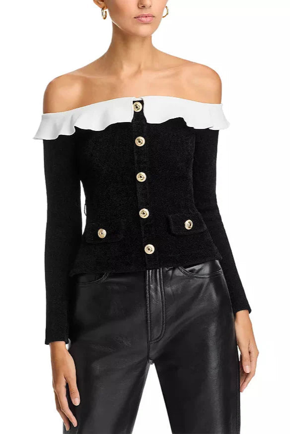 Chenille Knit Off-the-Shoulder Top in Black Avalabel