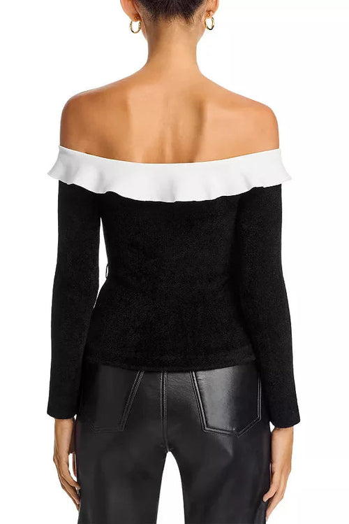 Chenille Knit Off-the-Shoulder Top in Black Avalabel
