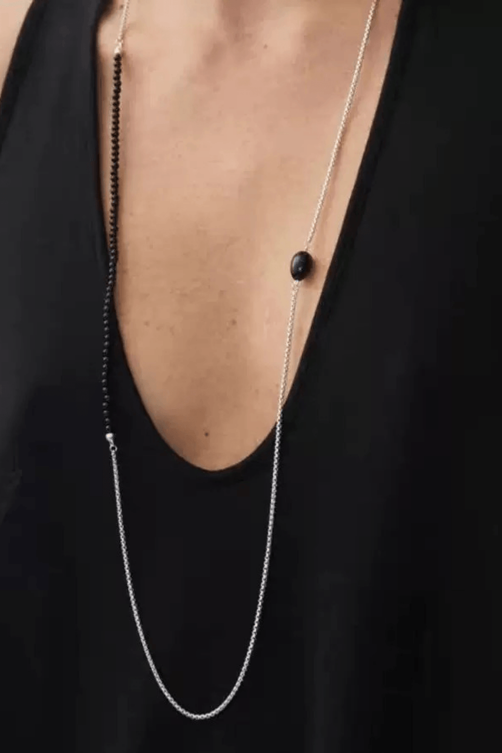 Black Bead Choker Silver Layered Stone Necklace Avalabel