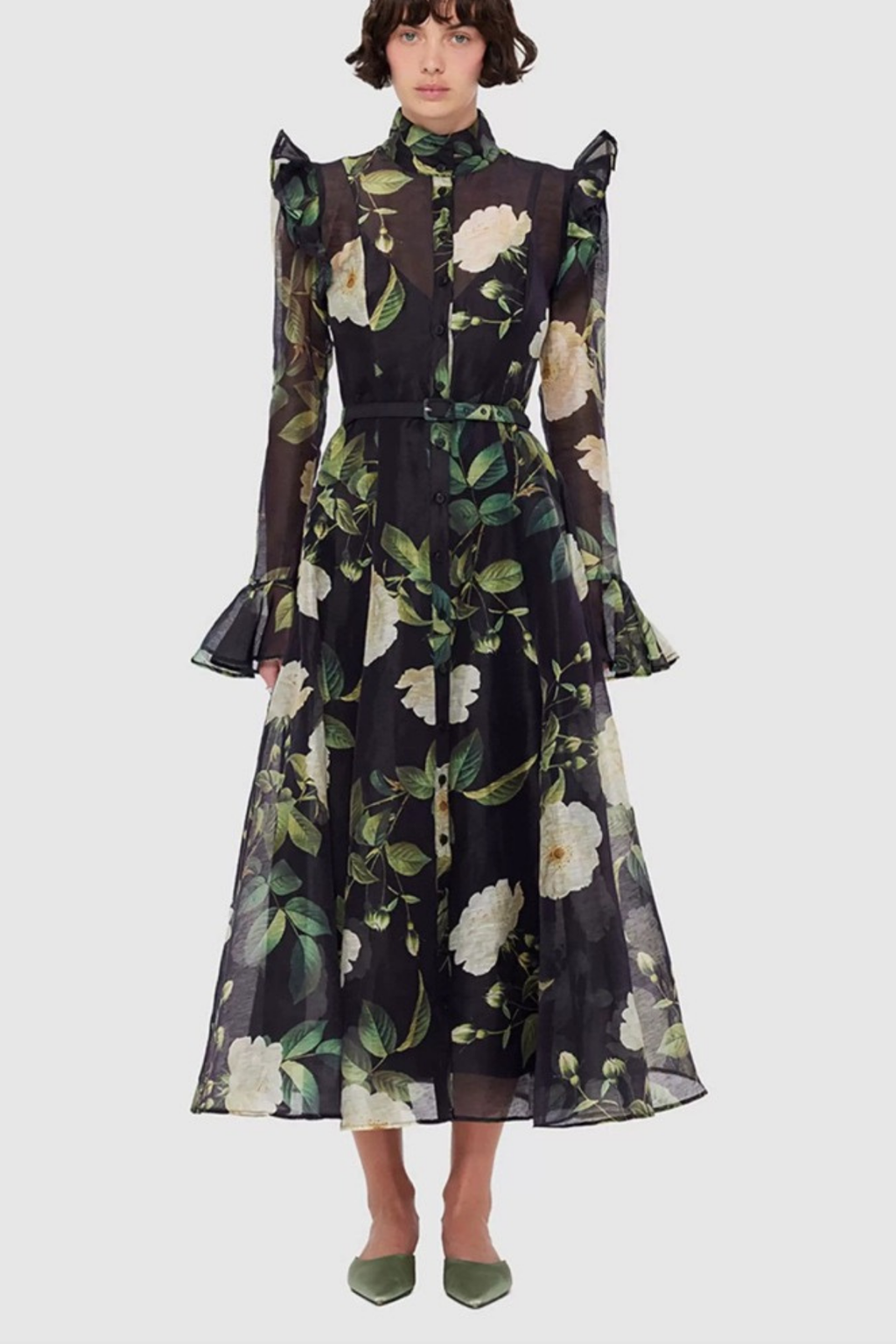 Daisy Print Butterfly Sleeve Midi Dress in Black Avalabel