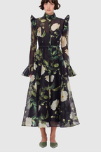 Daisy Print Butterfly Sleeve Midi Dress in Black Avalabel