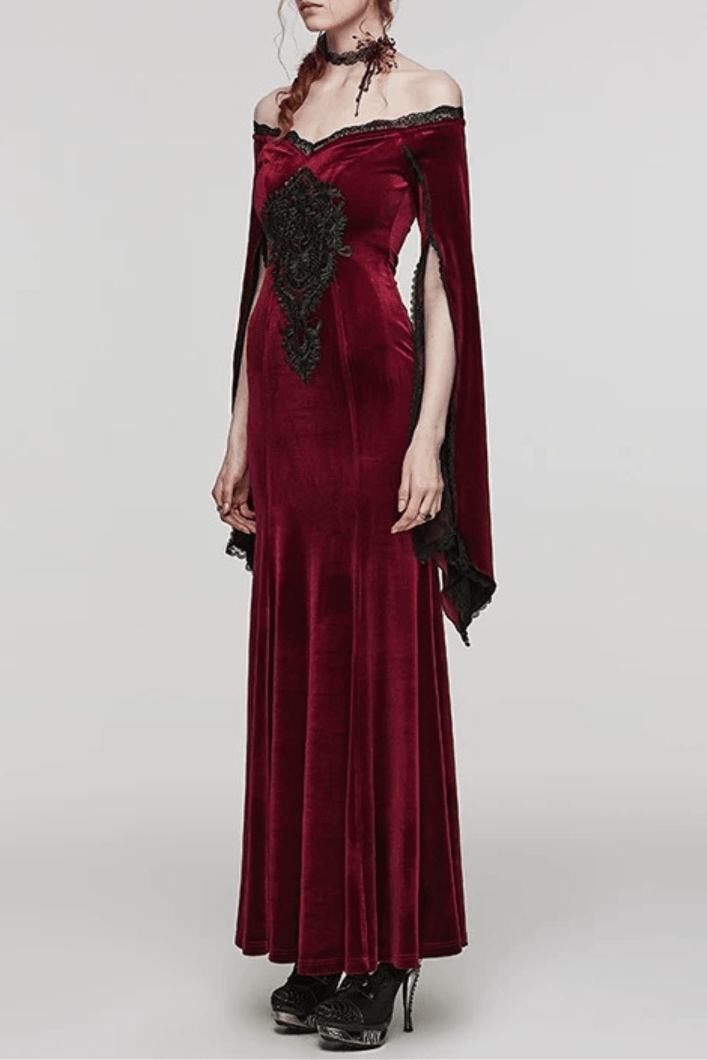 Rina Gothic Off Shoulder Velvet Cape Sleeve Dress Avalabel