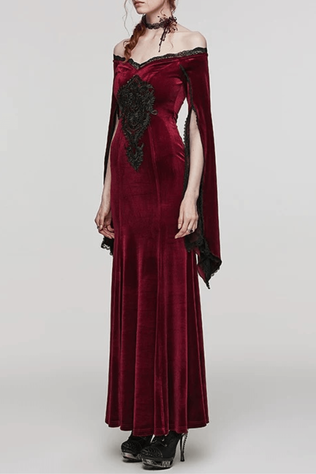 Rina Gothic Off Shoulder Velvet Cape Sleeve Dress Avalabel