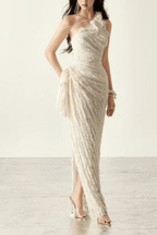 Blair One Shoulder 3D Floral Ruched Textured Lace Slit Maxi Dress - Avalabel