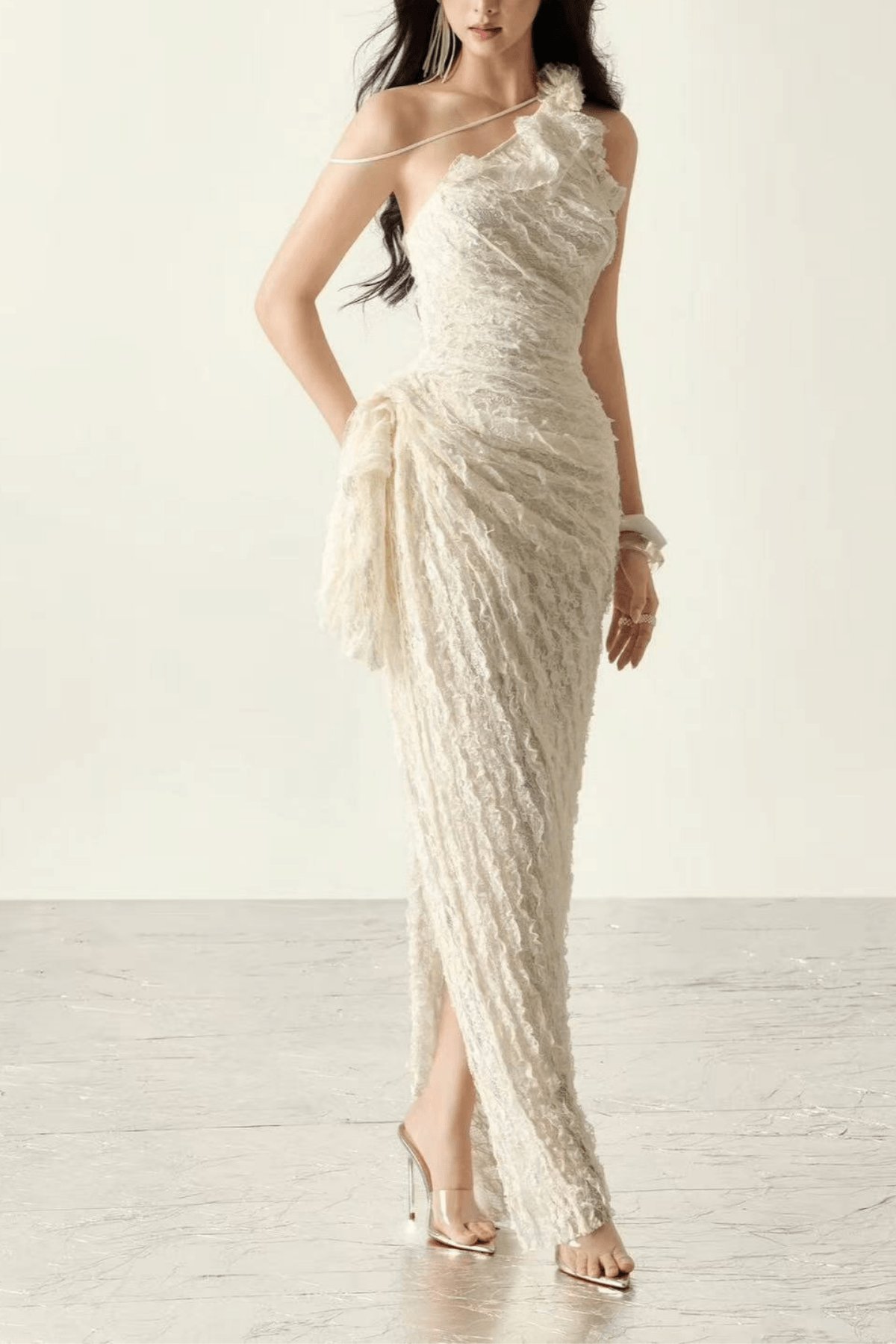 Blair One Shoulder 3D Floral Ruched Textured Lace Slit Maxi Dress - Avalabel
