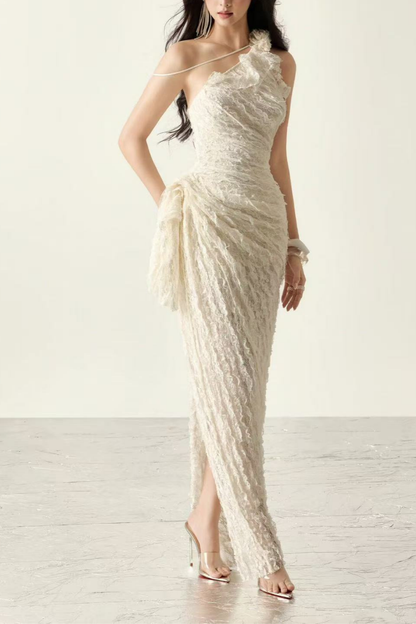 Blair One Shoulder 3D Floral Ruched Textured Lace Slit Maxi Dress