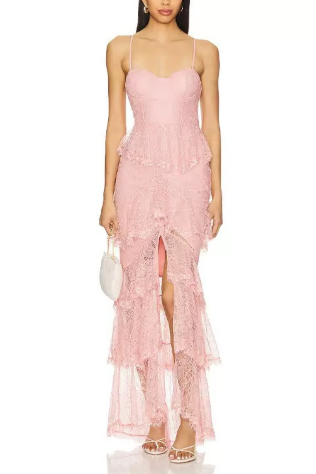 Seren Pink Spaghetti Strap Tiered Lace Slit Dress Avalabel