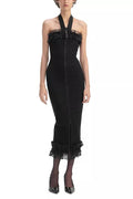 Knit Zip Ruffle Midi Dress in Black Avalabel