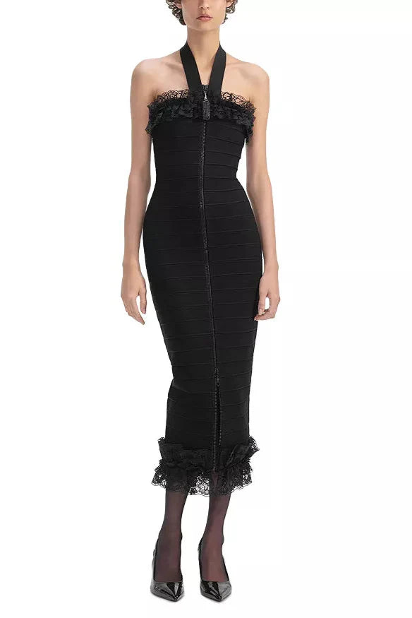 Knit Zip Ruffle Midi Dress in Black Avalabel