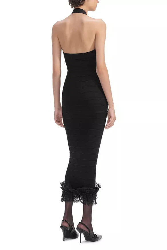 Knit Zip Ruffle Midi Dress in Black Avalabel