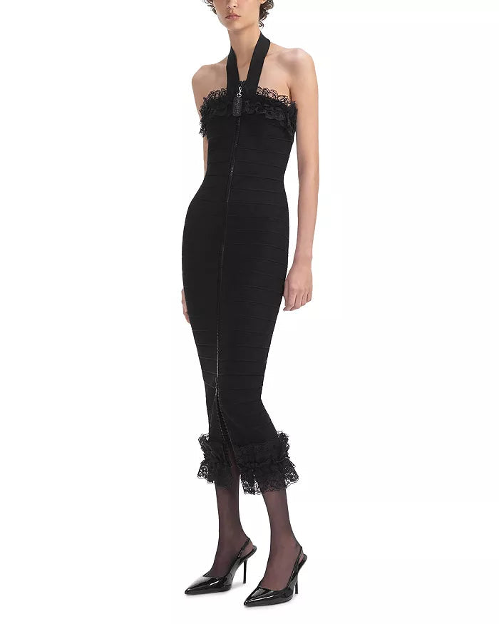 Knit Zip Ruffle Midi Dress in Black Avalabel
