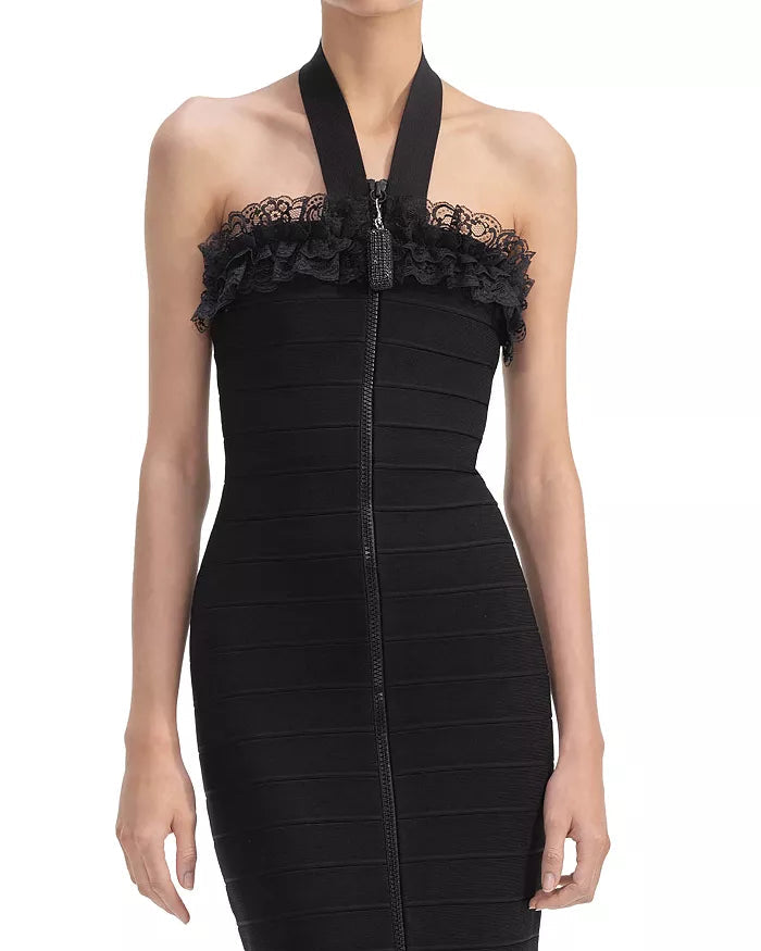 Knit Zip Ruffle Midi Dress in Black Avalabel