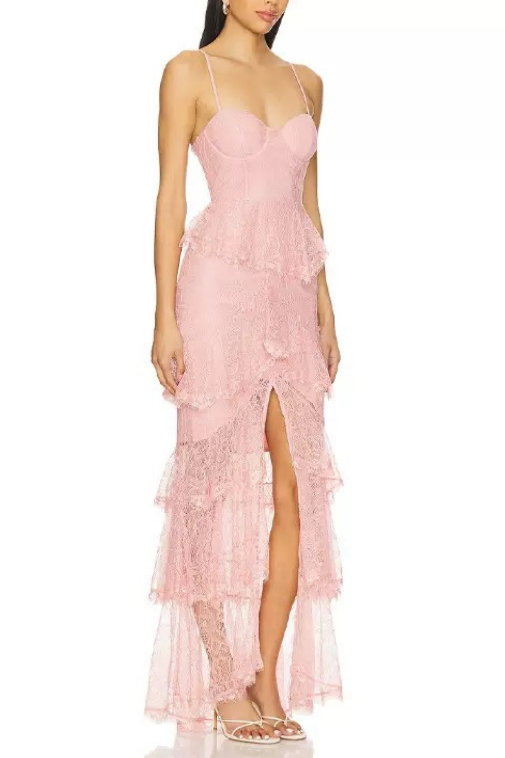 Seren Pink Spaghetti Strap Tiered Lace Slit Dress Avalabel