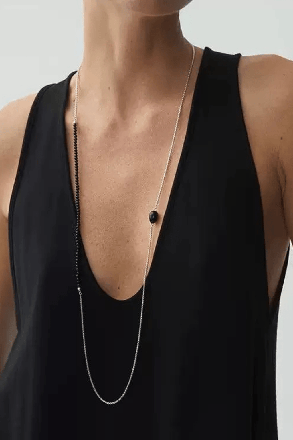 Black Bead Choker Silver Layered Stone Necklace Avalabel