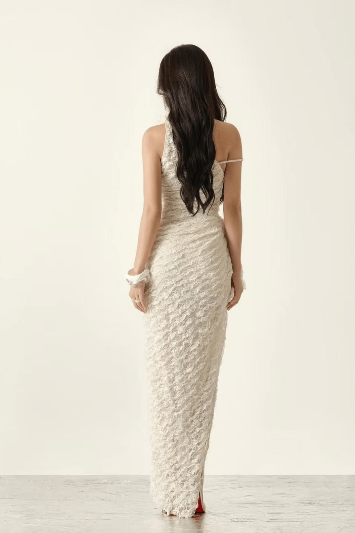 Blair One Shoulder 3D Floral Ruched Textured Lace Slit Maxi Dress - Avalabel