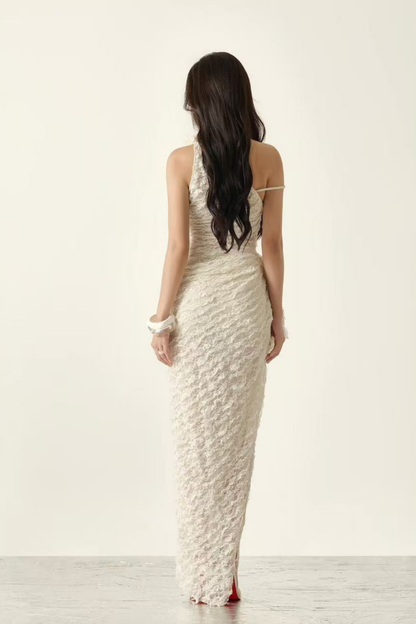 Blair One Shoulder 3D Floral Ruched Textured Lace Slit Maxi Dress