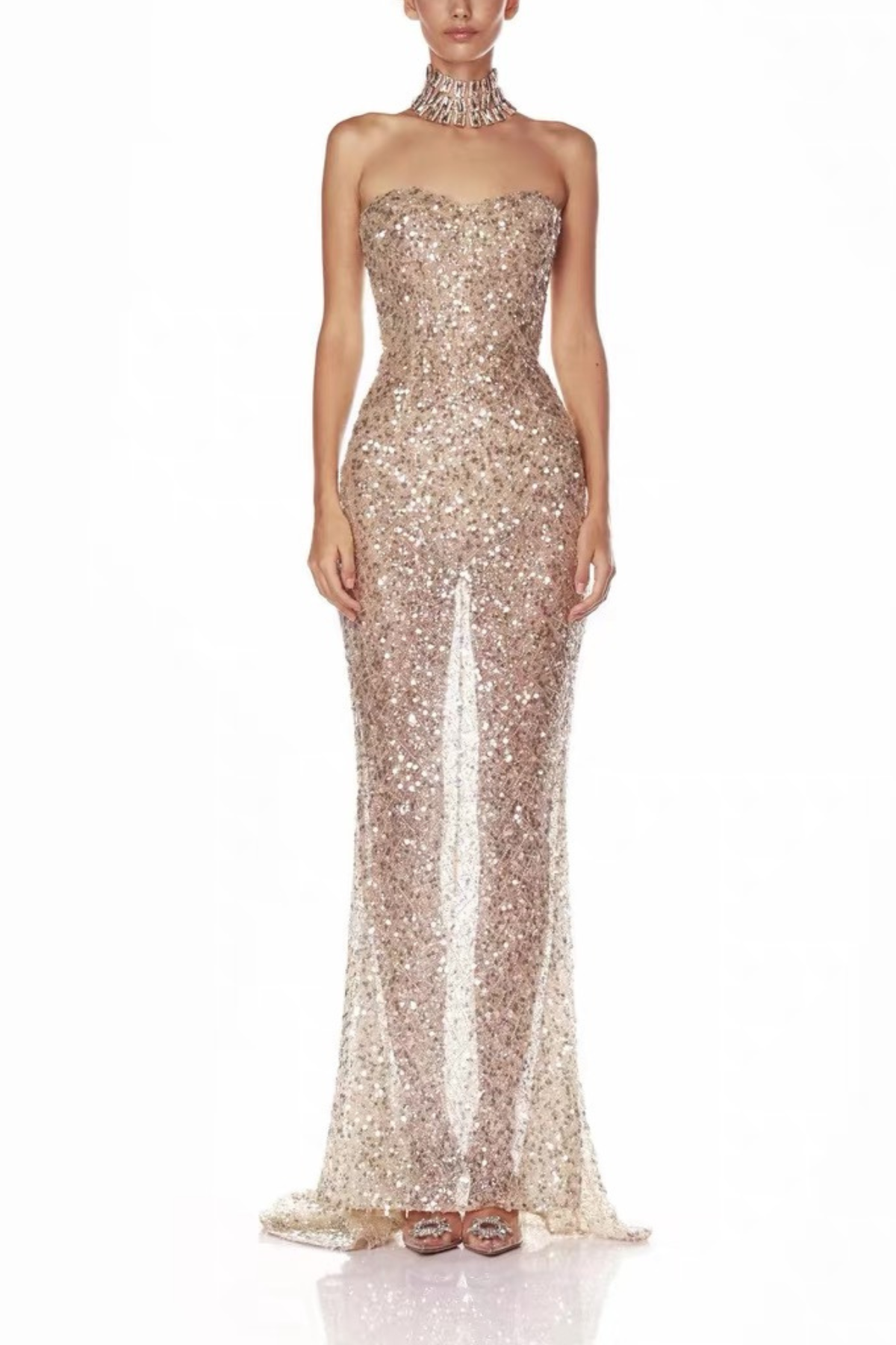Luxury Shimmer Champagne Gold Sequin Strapless Mermaid Dress Avalabel