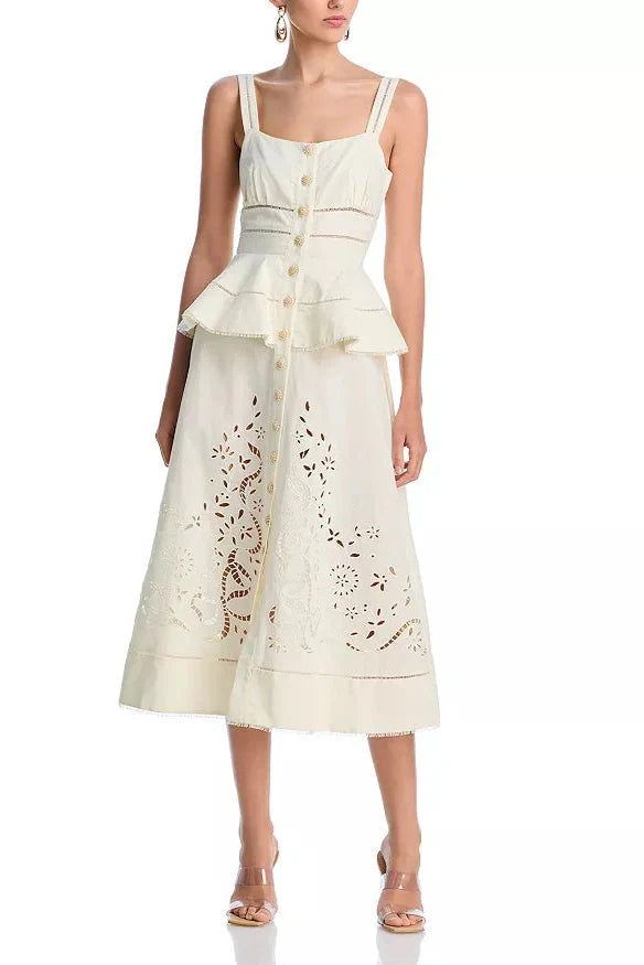 Peplum Hollow Midi Dress in Beige Avalabel