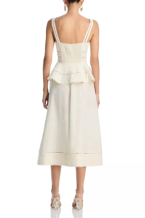 Peplum Hollow Midi Dress in Beige Avalabel