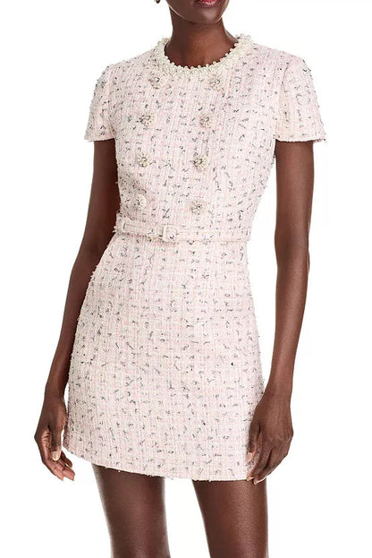 Embellished Bouclé Mini Dress in Pink