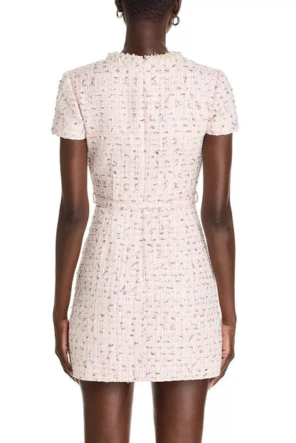 Embellished Bouclé Mini Dress in Pink