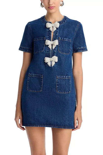 Bow Embellished Denim Mini Dress in Blue