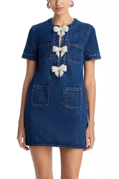 Bow Embellished Denim Mini Dress in Blue Avalabel